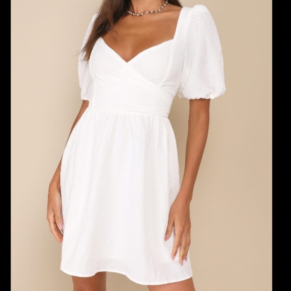 Little Bit In Love White Surplice Puff Sleeve Mini Dress